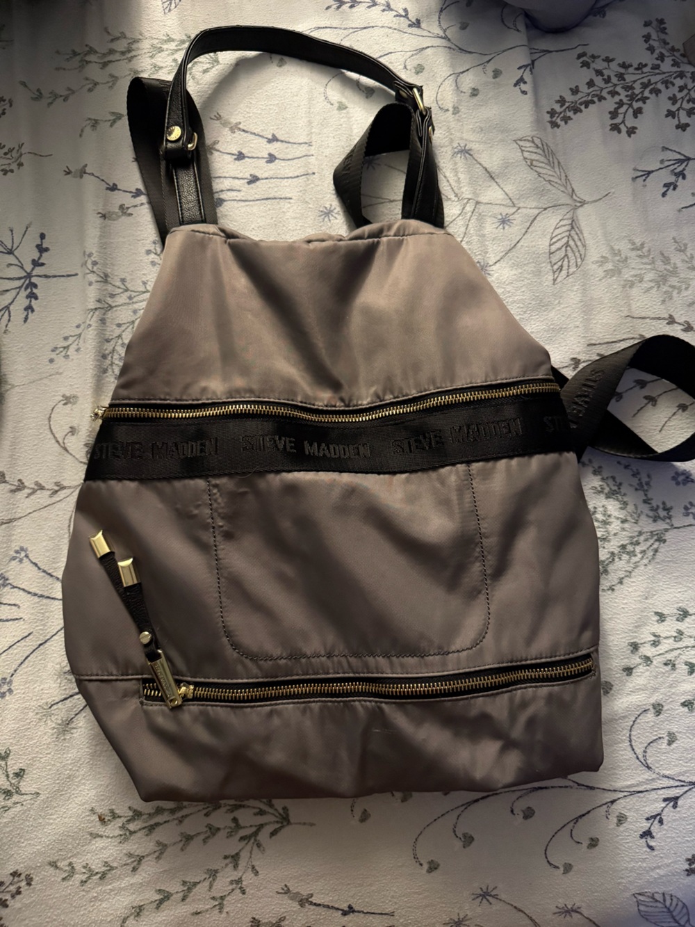 Steve Madden Taupe Nylon Backpack with Black Trim and Gold Hardware